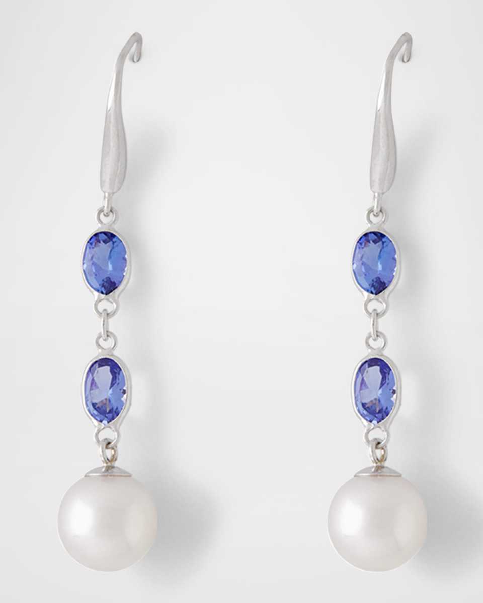 18K White Gold 8.5mm Akoya Pearl and Tanzanite Drop Earrings